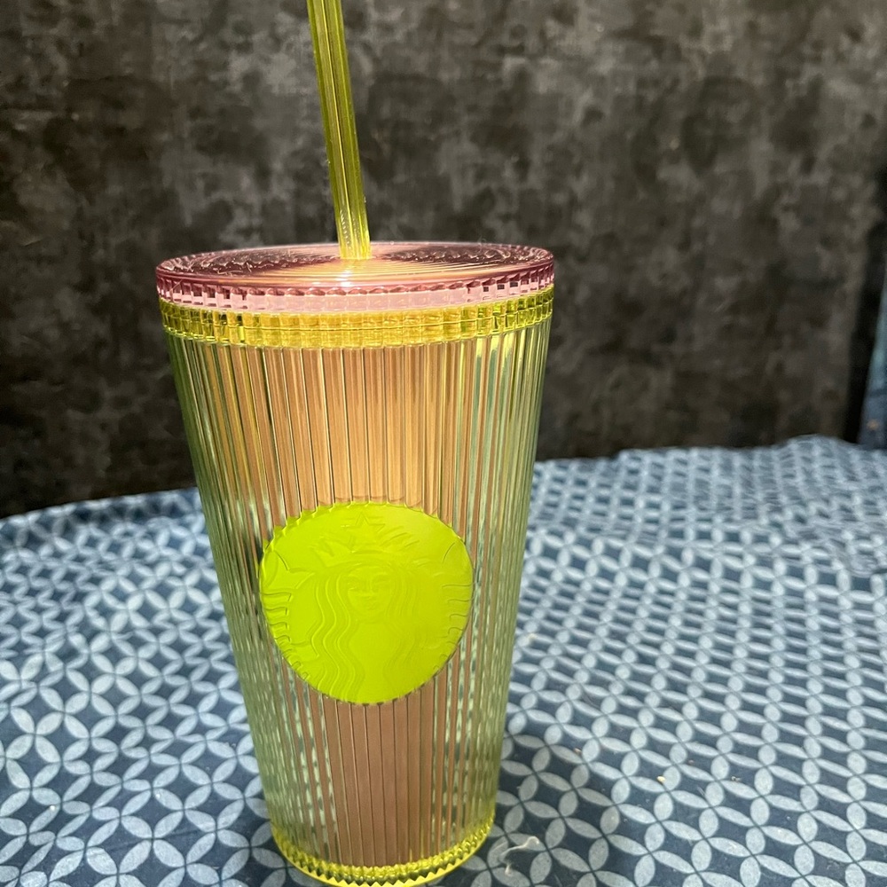Starbucks Neon Yellow and Pink Tumbler with Straw